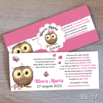 Invitatii botez Bufnita - Cu Eticheta si plic Roz - IBE-17